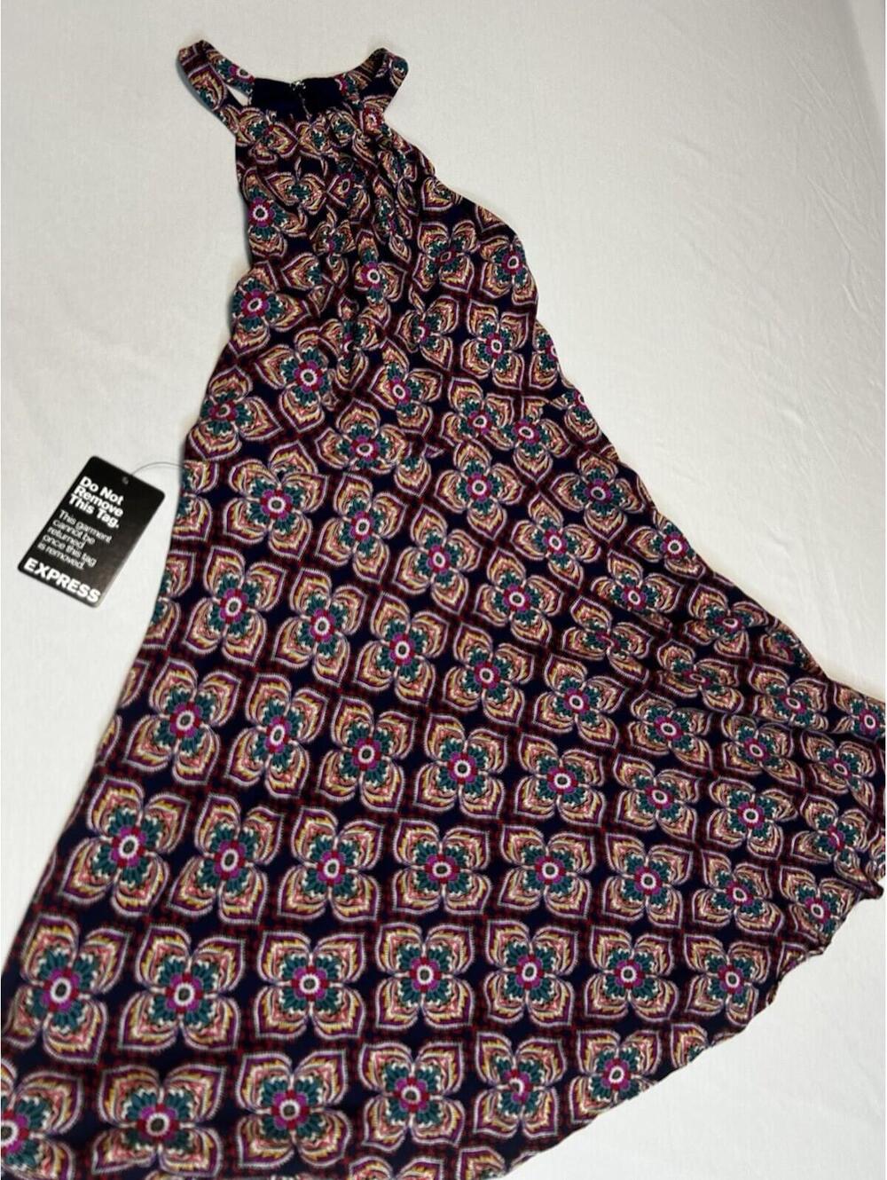 Express Halter Maxi Dress Size 4 Navy Medallion Floral Print Lined NWT - Picture 5 of 12